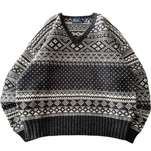$298 Polo Ralph Lauren V-Neck Grey Fair Isle Wool Knit Sweater RRL Purple Label